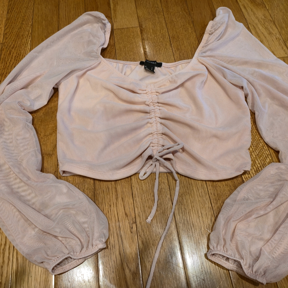 F21 Pink Mesh Ruched Front Sheer Sleeves Crop Top SM